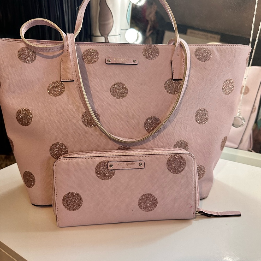 Kate Spade Pink Glitter Polka Dot Tote and Wallet